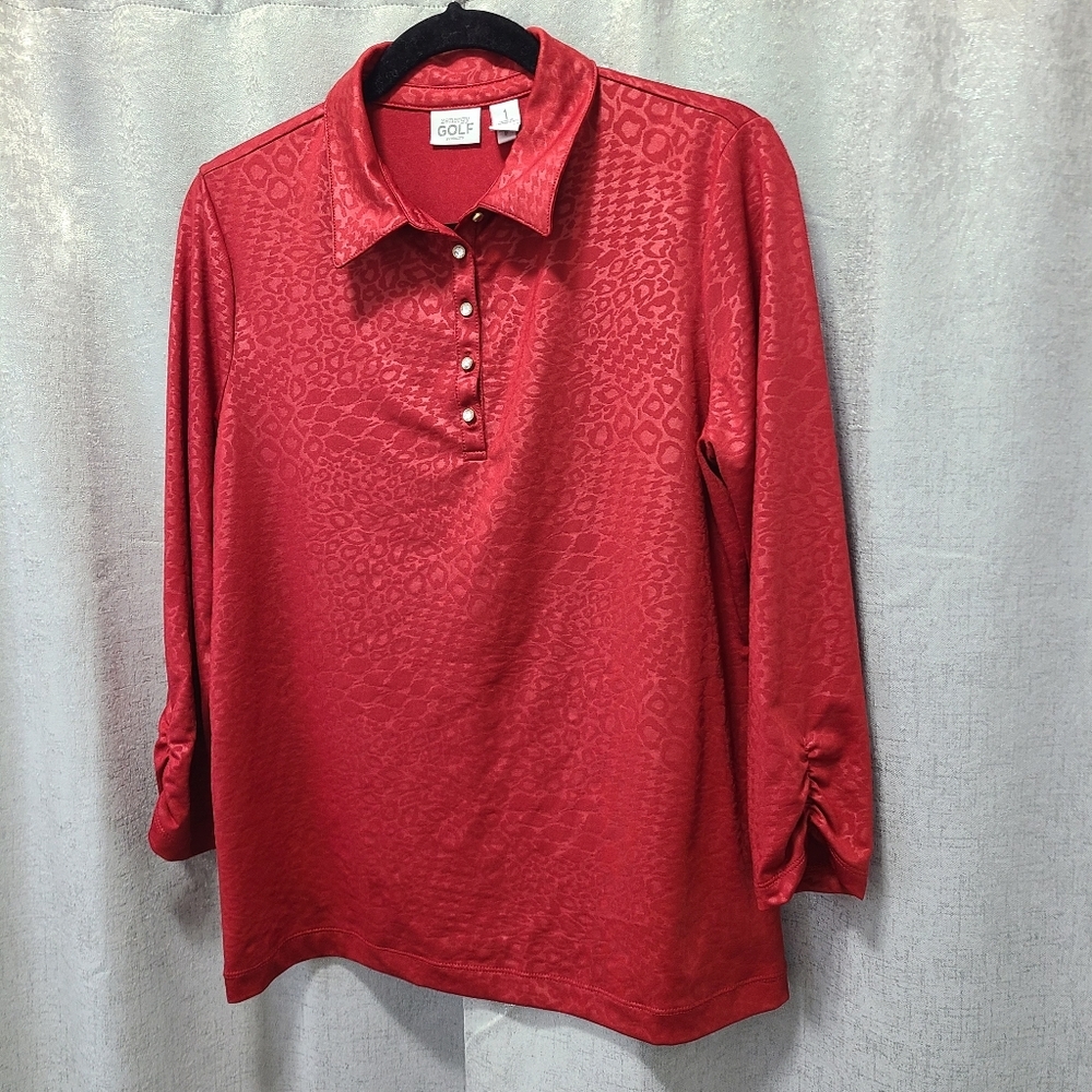Zenergy GOLF by Chicos Red Button Down Polo Collar Shirt Animal Print